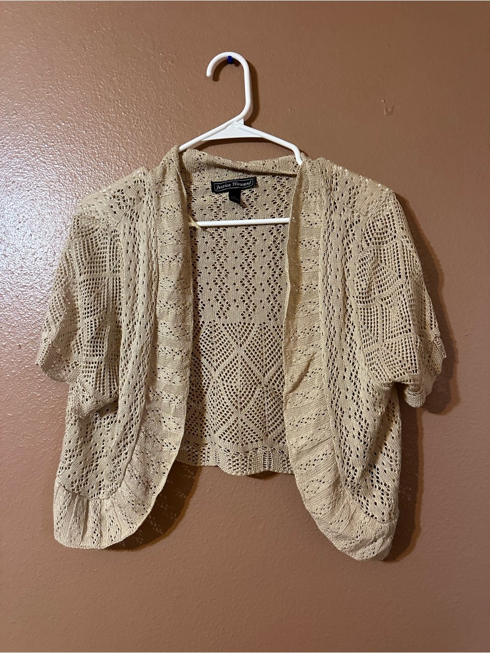Jessica Howard Cream Crochet Open-Front Short Sleeve Cardigan